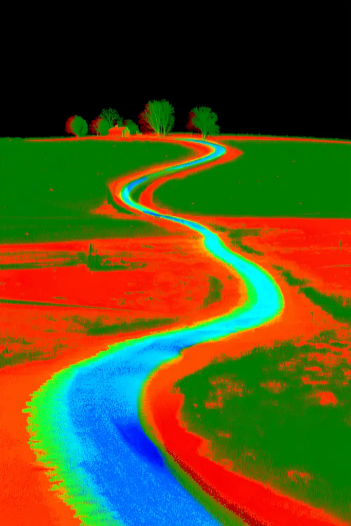 Midjourney generated image using SREF code Chromagel: A red and blue river running through a green field.