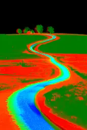 Midjourney generated image using SREF code Chromagel: A red and blue river running through a green field.