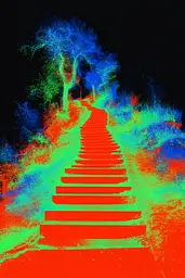 Midjourney generated image using SREF code Chromagel: A red and blue stairway leading up to a tree.