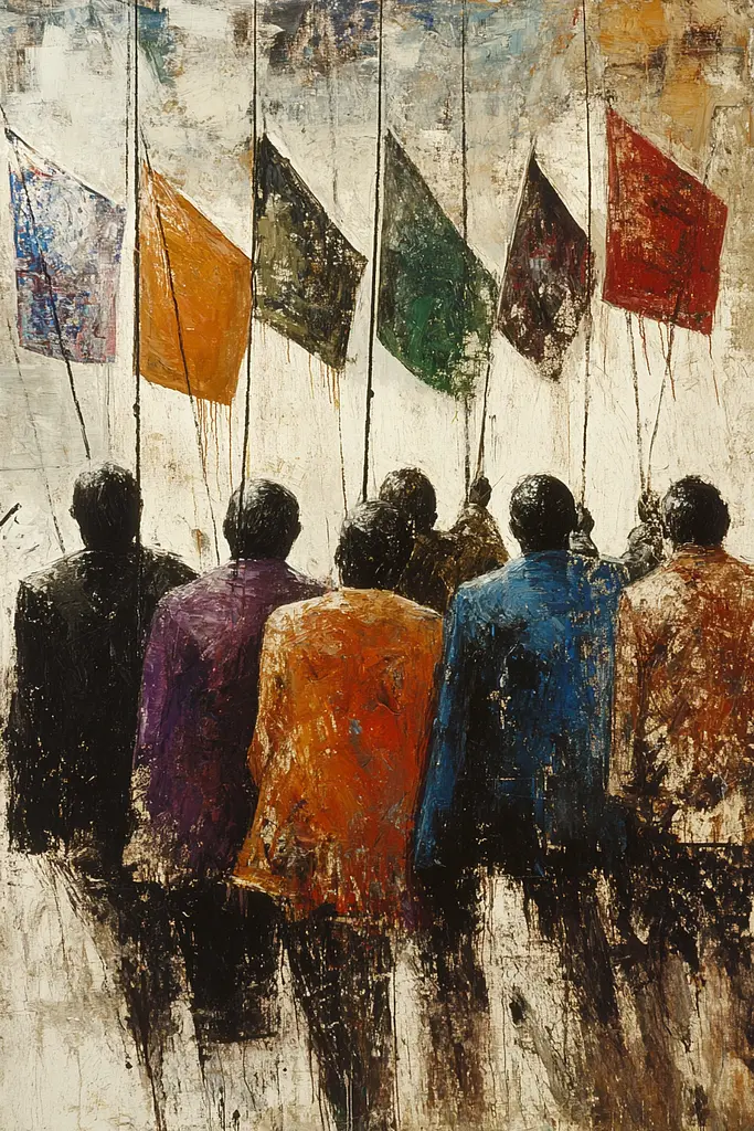 Midjourney generated image using SREF code Lurking Visions: A painting of a group of people holding flags.