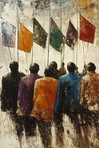 Midjourney generated image using SREF code Lurking Visions: A painting of a group of people holding flags.