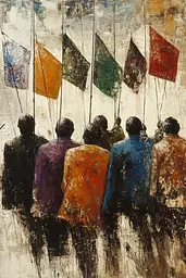 Midjourney generated image using SREF code Lurking Visions: A painting of a group of people holding flags.