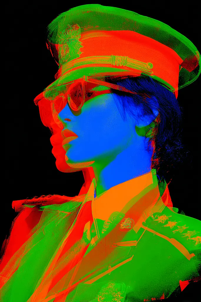 Midjourney generated image using SREF code Chromagel: A woman in a military uniform and sunglasses.
