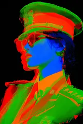 Midjourney generated image using SREF code Chromagel: A woman in a military uniform and sunglasses.