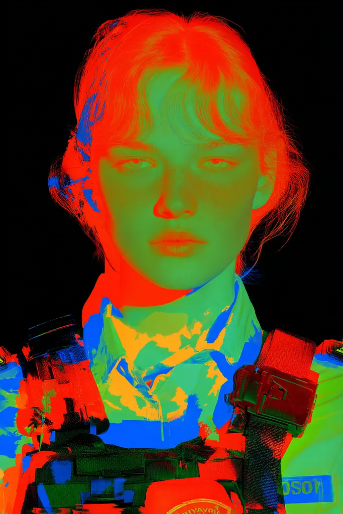 Midjourney generated image using SREF code Chromagel: A woman in a military uniform holding a gun.