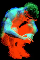Midjourney generated image using SREF code Chromagel: A man sitting on the ground with his head in his hands.