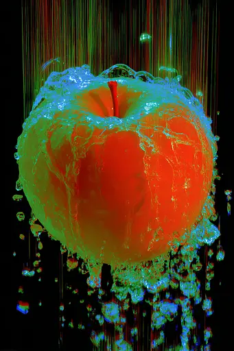 Midjourney generated image using SREF code Chromagel: An orange apple with water splashing out of it.