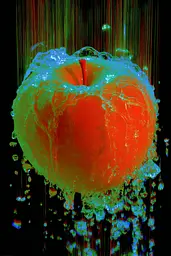 Midjourney generated image using SREF code Chromagel: An orange apple with water splashing out of it.