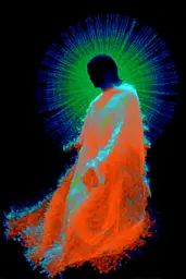 Midjourney generated image using SREF code Chromagel: A person in an orange robe standing in front of a black background.