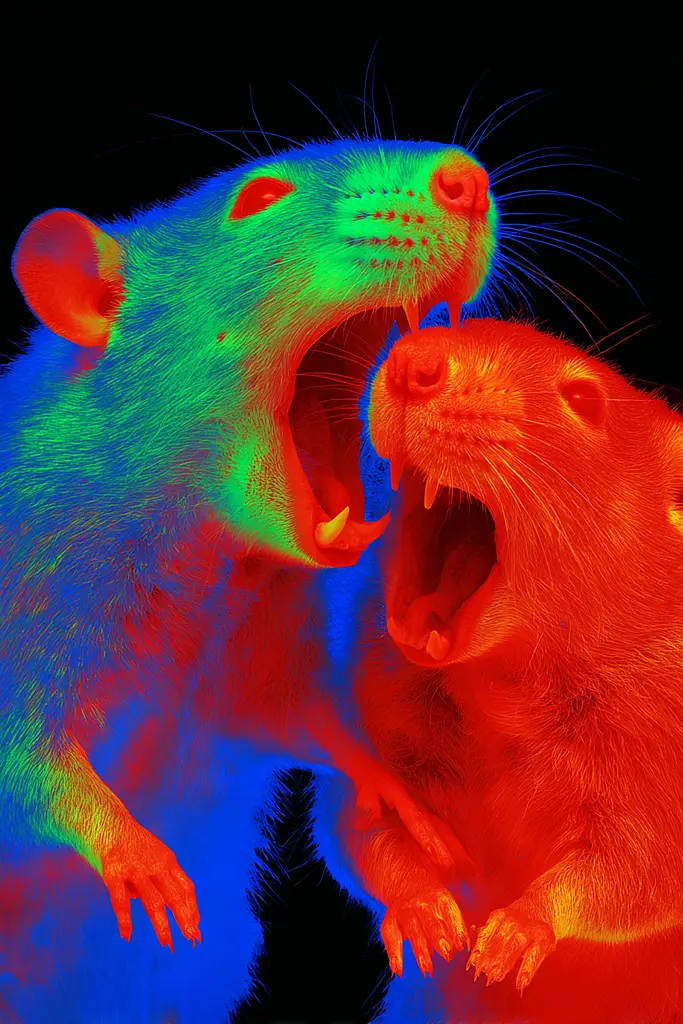 Midjourney generated image using SREF code Chromagel: A couple of rats that are standing next to each other.