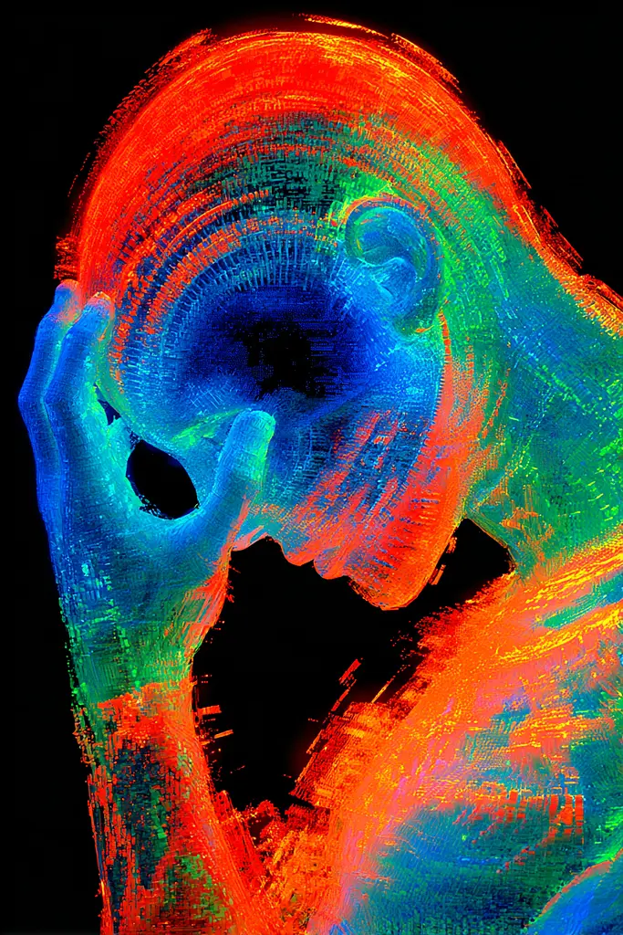 Midjourney generated image using SREF code Chromagel: A man with his head in his hands. 