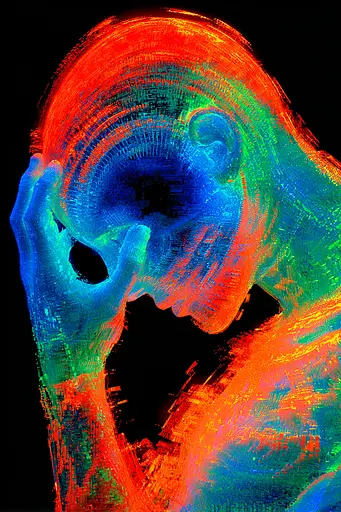 Midjourney generated image using SREF code Chromagel: A man with his head in his hands. 