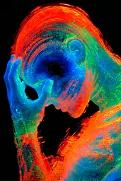 Midjourney generated image using SREF code Chromagel: A man with his head in his hands. 