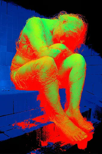 Midjourney generated image using SREF code Chromagel: A woman sitting on the steps of a blue tiled bathroom.