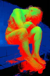 Midjourney generated image using SREF code Chromagel: A woman sitting on the steps of a blue tiled bathroom.