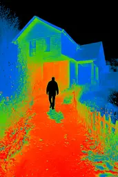 Midjourney generated image using SREF code Chromagel: A man walking down a dirt road in front of a house.