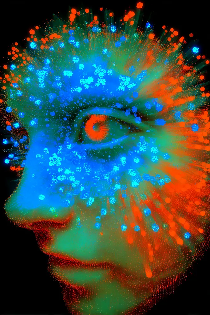 Midjourney generated image using SREF code Chromagel: A woman's face is covered in blue and orange dots.