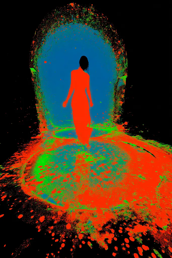 Midjourney generated image using SREF code Chromagel: A woman walking through an open doorway in a dark room.