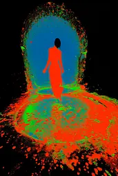 Midjourney generated image using SREF code Chromagel: A woman walking through an open doorway in a dark room.