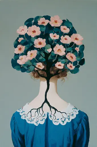 Midjourney generated image using SREF code Bluebone Drizzle: A painting of a woman with a tree growing out of her head.