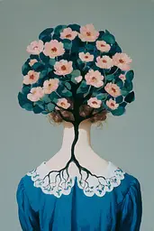 Midjourney generated image using SREF code Bluebone Drizzle: A painting of a woman with a tree growing out of her head.