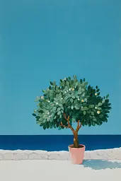 Midjourney generated image using SREF code Bluebone Drizzle: A painting of a potted plant on a wall by the ocean.