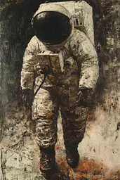 Midjourney generated image using SREF code Lurking Visions: A painting of an astronaut walking in the dark.