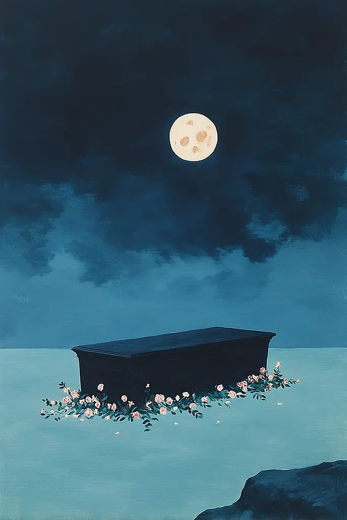 Midjourney generated image using SREF code Bluebone Drizzle: A painting of a casket in the middle of a body of water under a full moon.