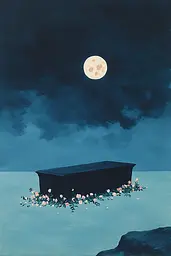 Midjourney generated image using SREF code Bluebone Drizzle: A painting of a casket in the middle of a body of water under a full moon.