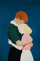Midjourney generated image using SREF code Bluebone Drizzle: A painting of a man and a woman hugging each other.