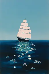 Midjourney generated image using SREF code Bluebone Drizzle: A painting of a sailboat floating in the ocean.