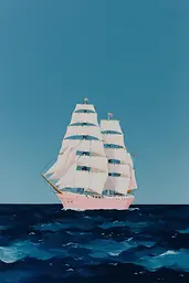 Midjourney generated image using SREF code Bluebone Drizzle: A painting of a tall ship in the ocean.