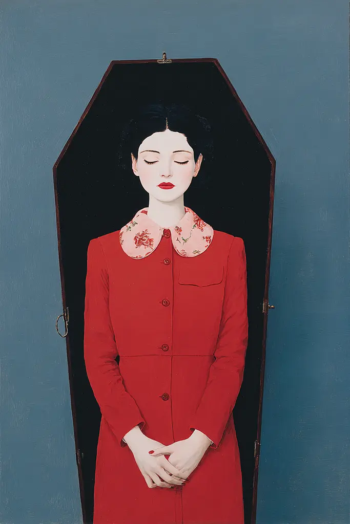 Midjourney generated image using SREF code Bluebone Drizzle: A painting of a woman in a red dress in a coffin.