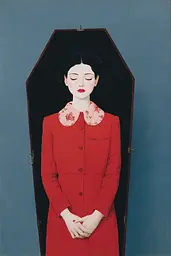 Midjourney generated image using SREF code Bluebone Drizzle: A painting of a woman in a red dress in a coffin.