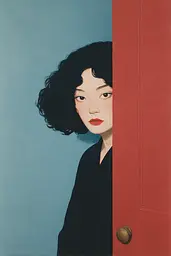 Midjourney generated image using SREF code Bluebone Drizzle: A painting of a woman peeking out from behind a red door.