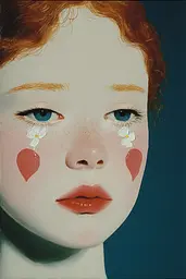 Midjourney generated image using SREF code Bluebone Drizzle: A painting of a young girl with red hair and white flowers on her face.