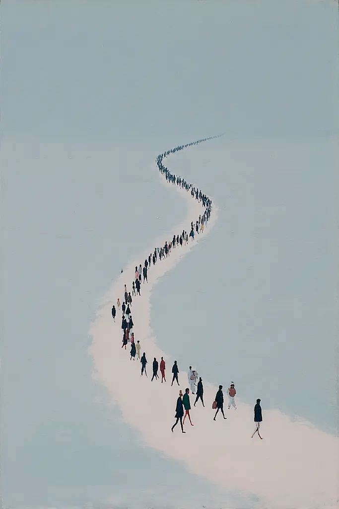 Midjourney generated image using SREF code Bluebone Drizzle: A group of people walking down a snow covered road.