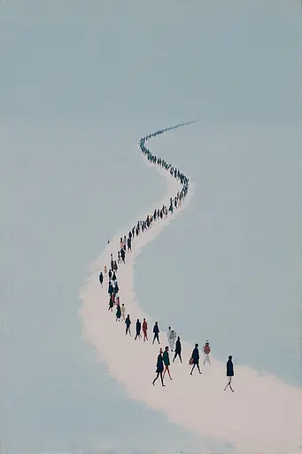 Midjourney generated image using SREF code Bluebone Drizzle: A group of people walking down a snow covered road.