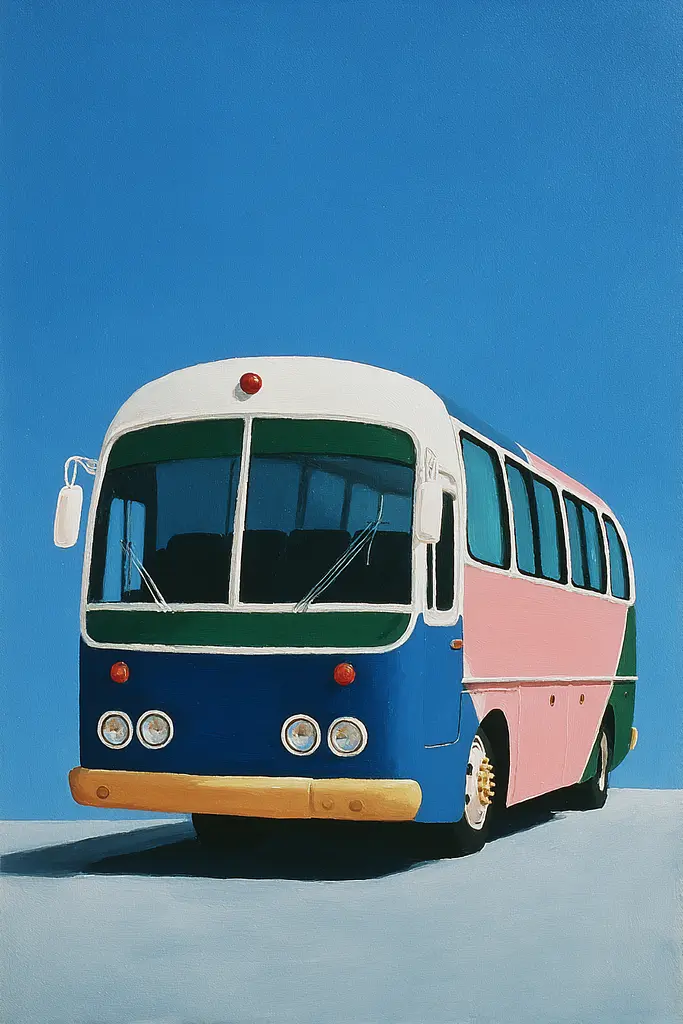 Midjourney generated image using SREF code Bluebone Drizzle: A painting of a pink and blue bus on a blue background.