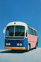Midjourney generated image using SREF code Bluebone Drizzle: A painting of a pink and blue bus on a blue background.