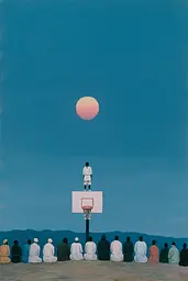 Midjourney generated image using SREF code Bluebone Drizzle: A painting of a man standing on top of a basketball hoop.