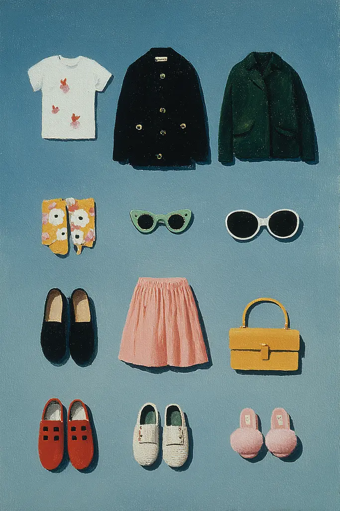 Midjourney generated image using SREF code Bluebone Drizzle: A painting of a variety of clothing and accessories on a blue background.