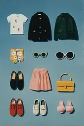 Midjourney generated image using SREF code Bluebone Drizzle: A painting of a variety of clothing and accessories on a blue background.
