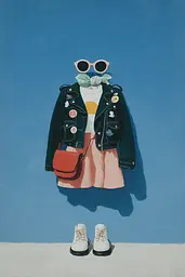 Midjourney generated image using SREF code Bluebone Drizzle: A painting of a woman wearing a jacket, skirt, and sunglasses.