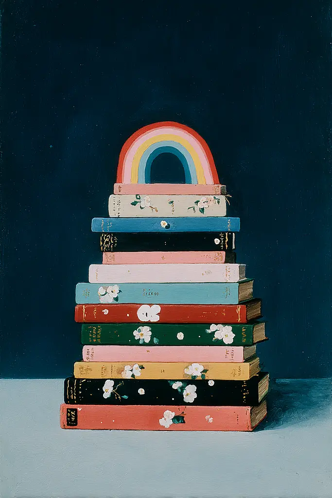 Midjourney generated image using SREF code Bluebone Drizzle: A stack of books with a rainbow on top.