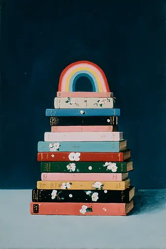 Midjourney generated image using SREF code Bluebone Drizzle: A stack of books with a rainbow on top.