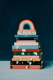 Midjourney generated image using SREF code Bluebone Drizzle: A stack of books with a rainbow on top.