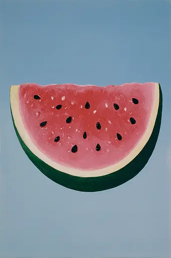 Midjourney generated image using SREF code Bluebone Drizzle: A painting of a slice of watermelon on a blue background.