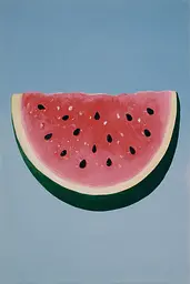 Midjourney generated image using SREF code Bluebone Drizzle: A painting of a slice of watermelon on a blue background.
