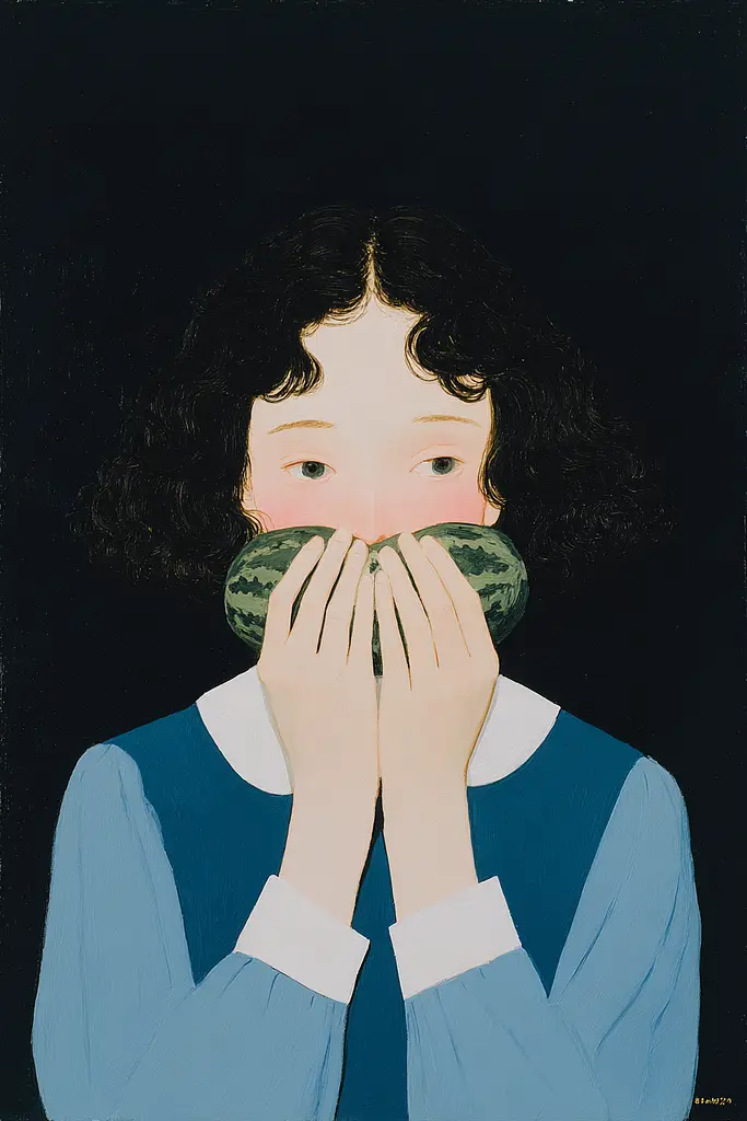 Midjourney generated image using SREF code Bluebone Drizzle: A painting of a girl covering her face with a watermelon.